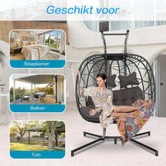 Hangstoel Helsinki - Bruin,Grijs wicker/ Touw - Zwart frame