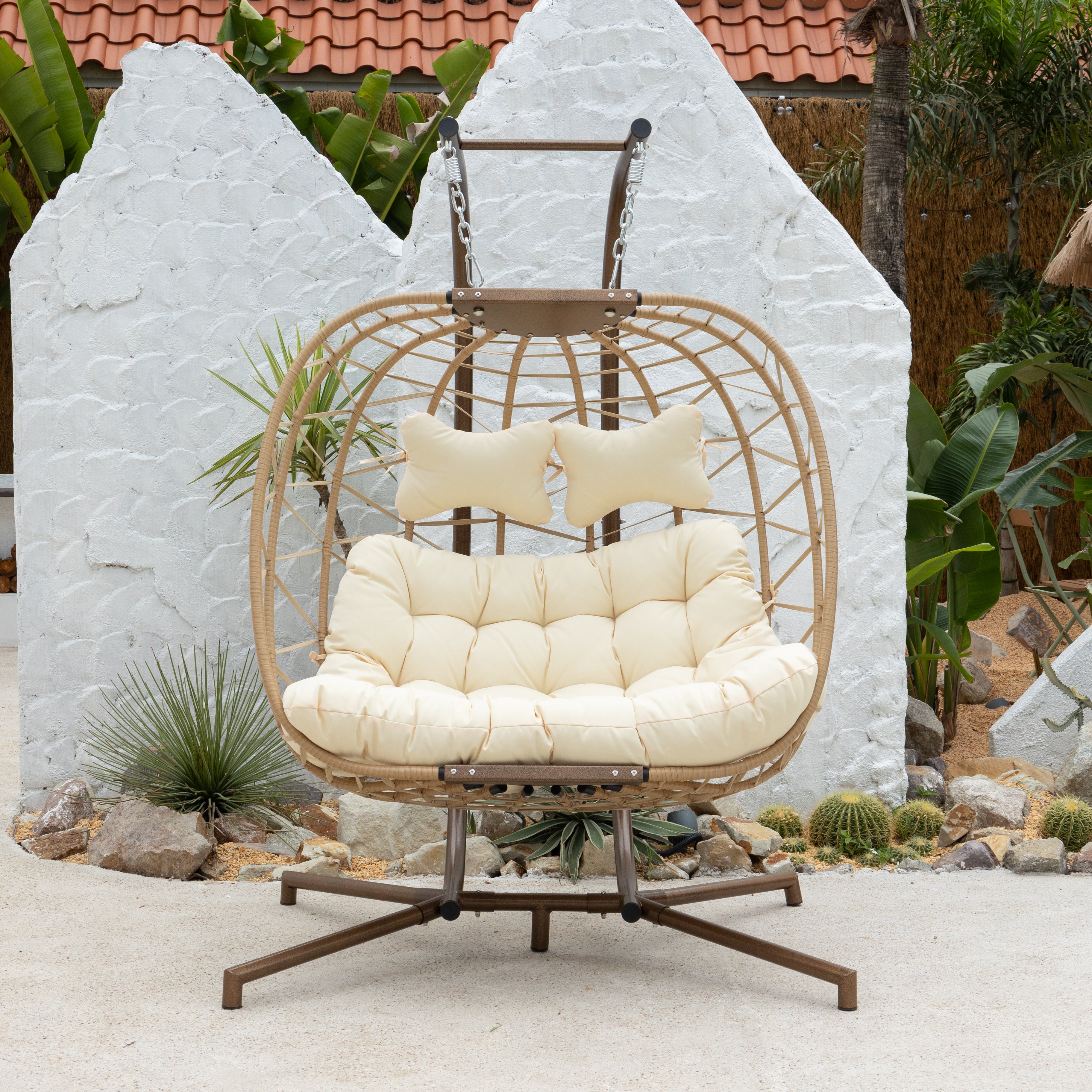 Hangstoel Helsinki - Creme wicker/ Touw - Goud/Brons frame