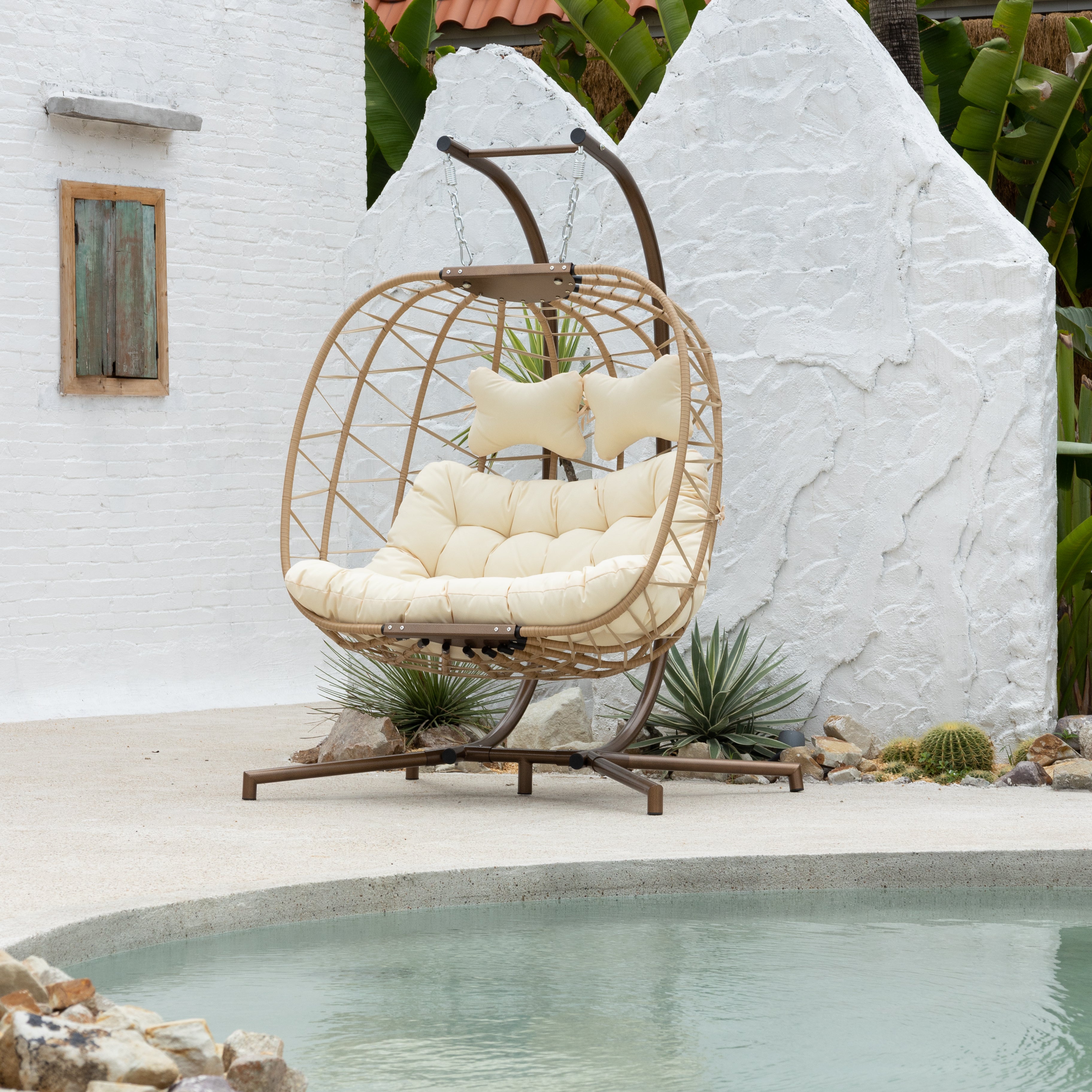 Hangstoel Helsinki - Creme wicker/ Touw - Goud/Brons frame