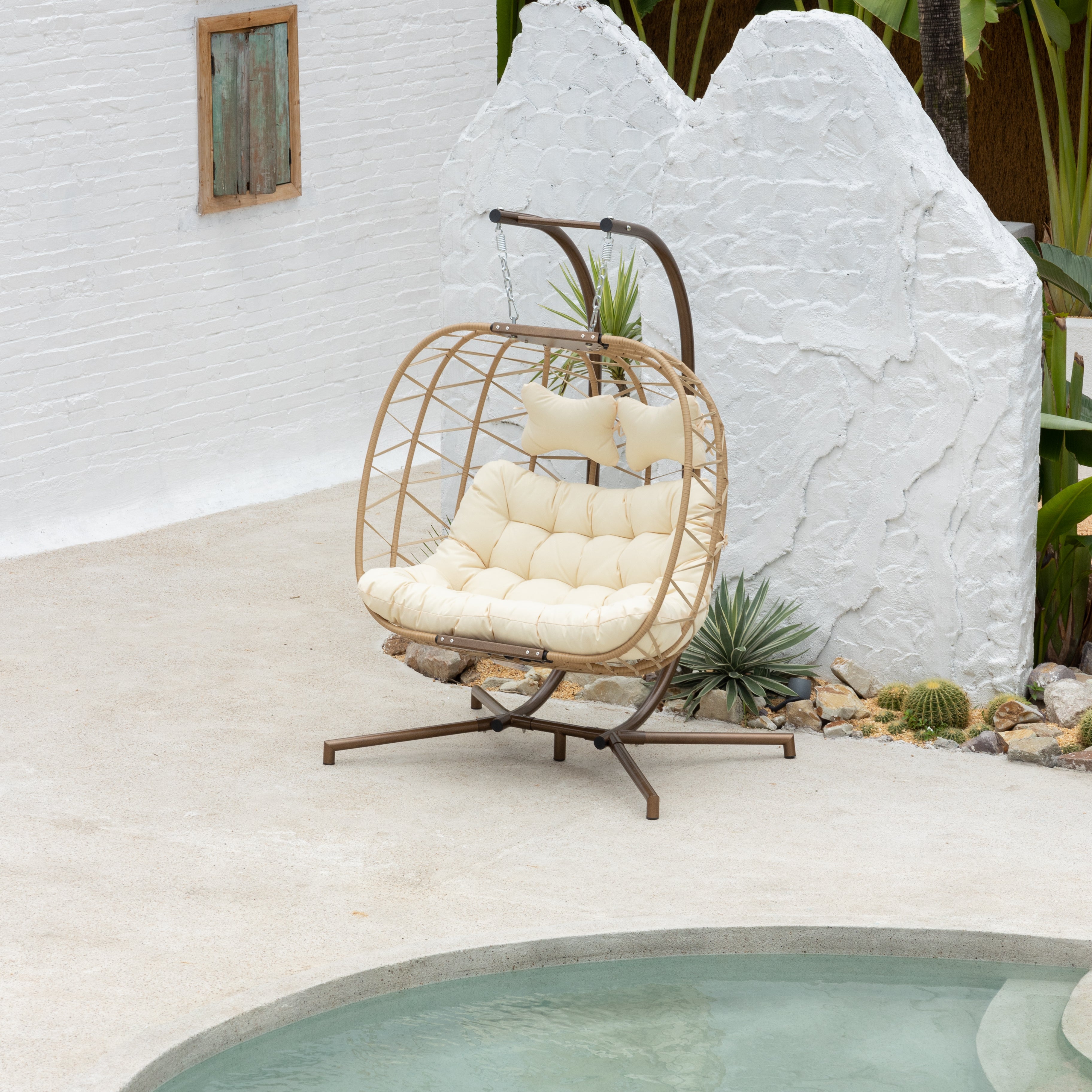 Hangstoel Helsinki - Creme wicker/ Touw - Goud/Brons frame