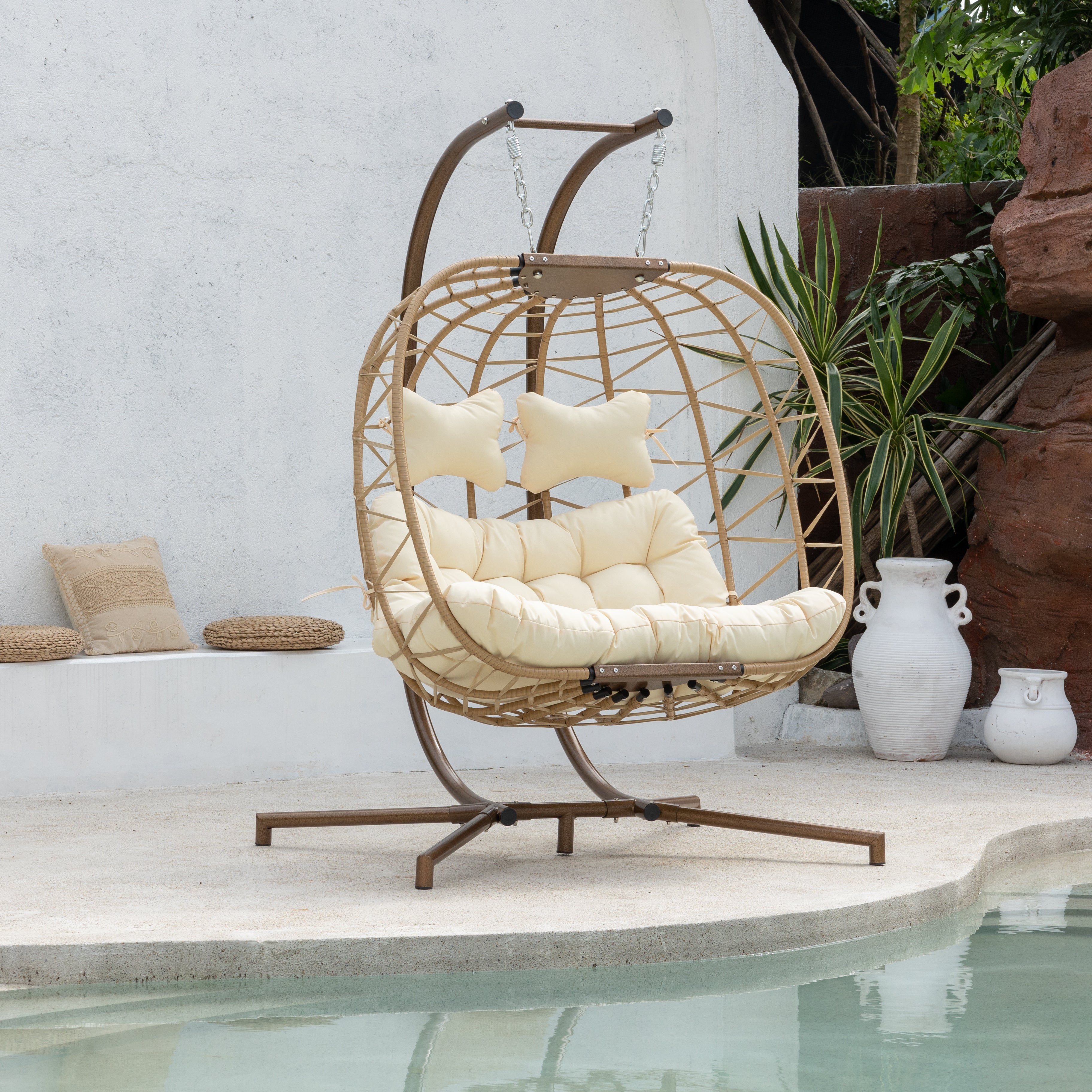 Hangstoel Helsinki - Creme wicker/ Touw - Goud/Brons frame