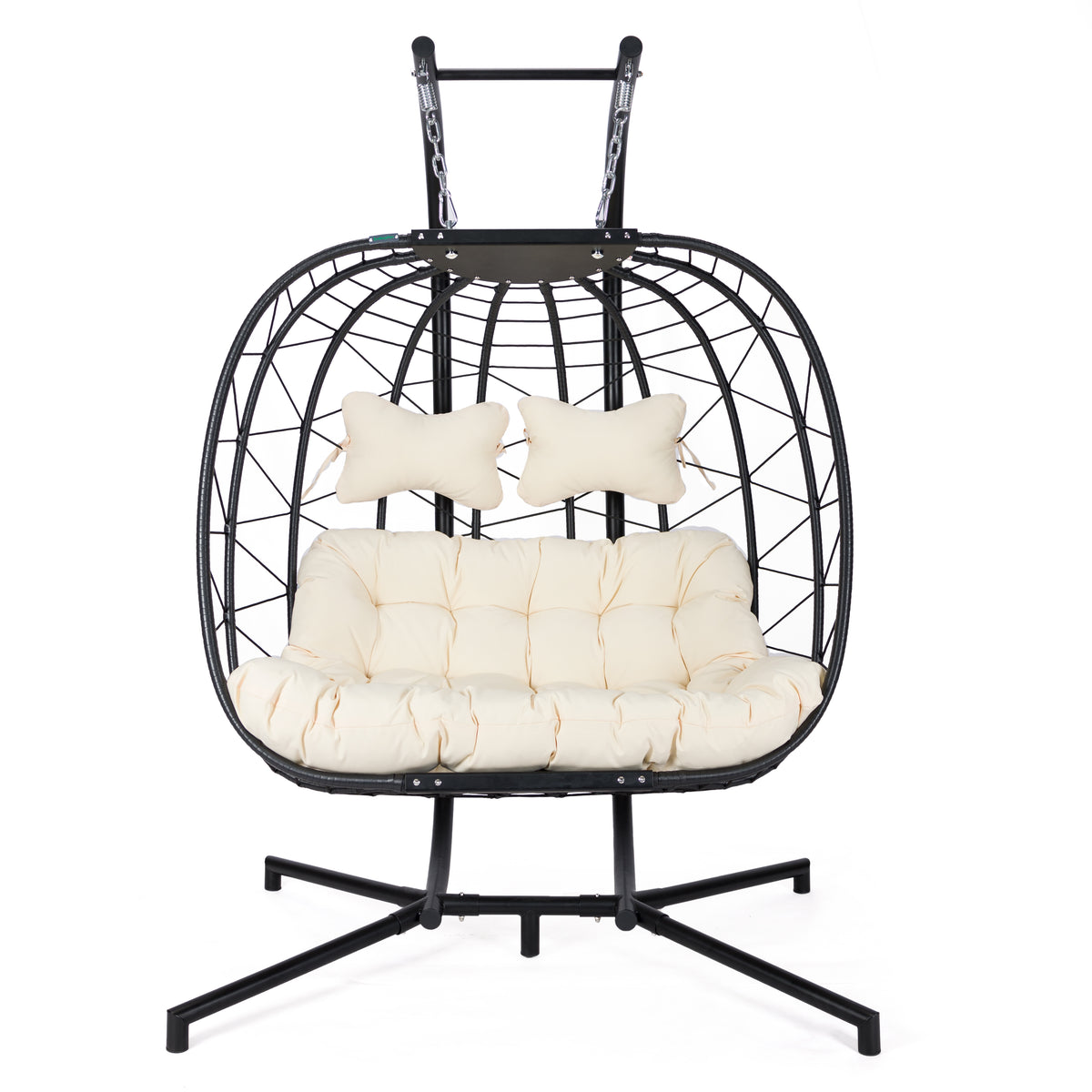 Hangstoel Helsinki - Cream, zwarte wicker/ Touw - Zwart frame