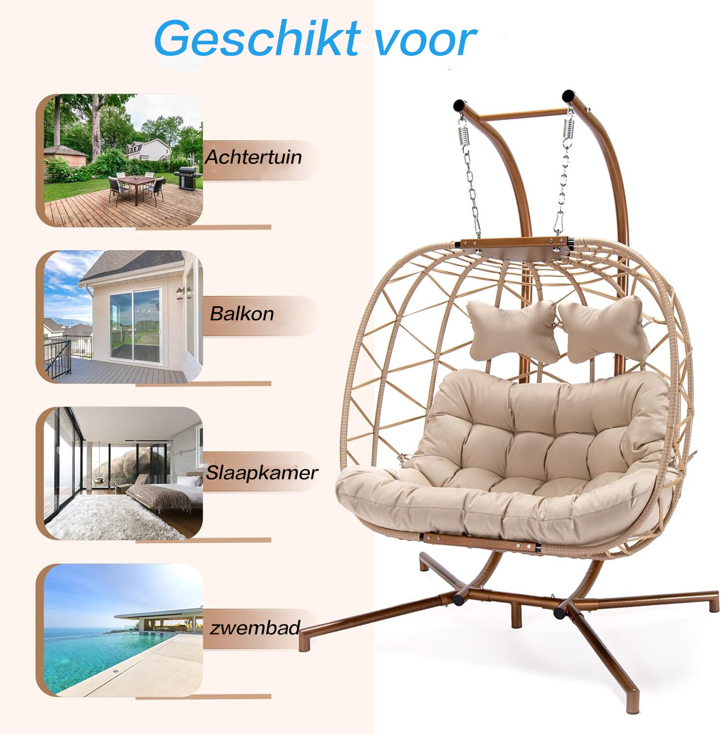 Hangstoel Helsinki - Creme wicker/ Touw - Goud/Brons frame