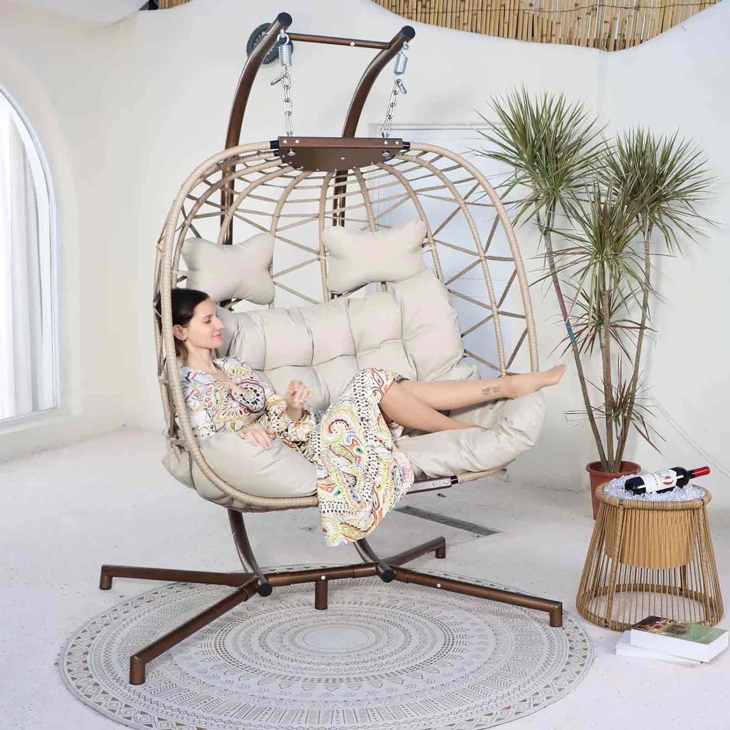 Hangstoel Helsinki - Creme wicker/ Touw - Goud/Brons frame